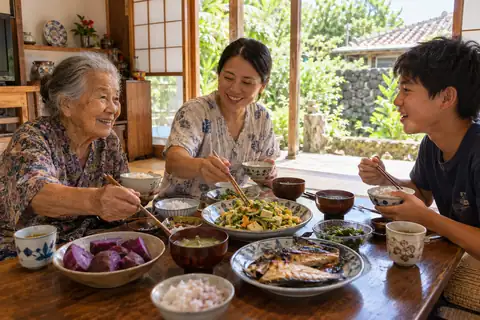 Une famille d'Okinawa à table, chez elle