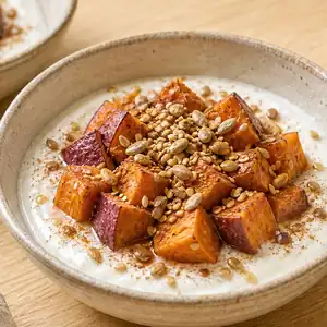 Patate douce rôtie au yaourt et à la cannelle