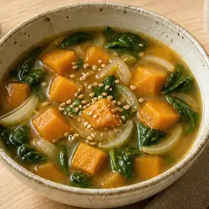 Soupe de poulet, patate douce et oignon nouveau